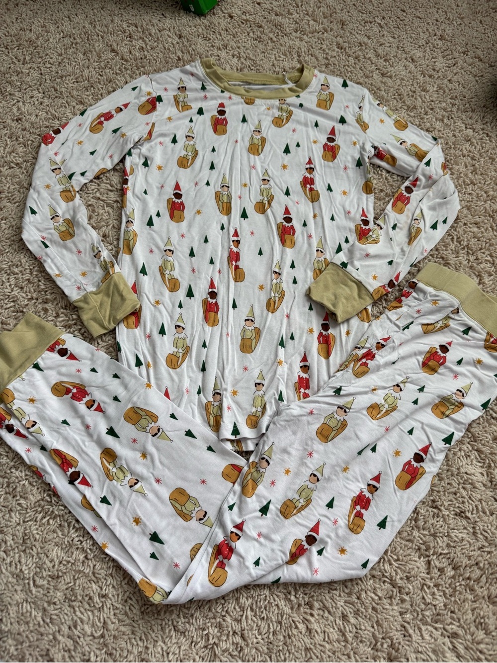 Kids Holiday Elf Print Pajama Set - White with Red & Green Accents